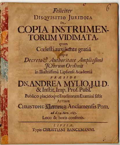 Herrwieg, Christoph: aus Anklam: Juristische Disputation. De copia instrumentorum vidimata. 