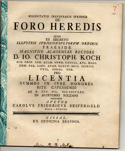 Seiferheld, Carl Friedrich: aus: Juristische Inaugural-Dissertation. De foro heredis. 