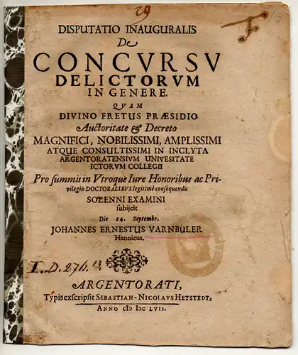 Varnbüler, Johann Ernst: aus Hanau: Juristische Inaugural-Disputation. De concursu delictorum in genere. 