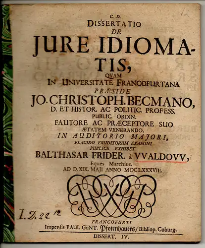 Waldow, Balthasar Friedrich von: Juristische Dissertation. De iure idiomatis. 