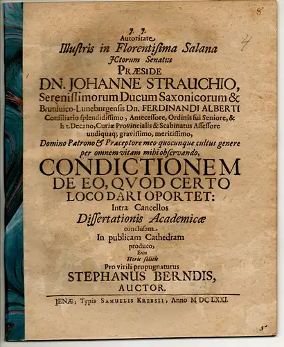 Berndis, Stephan: Juristische Dissertation. Condictionem de eo, quod certo loco dari oportet. 