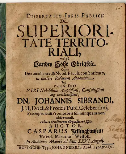 Jellinghausen, Caspar: Juristische Dissertation. De Superioritate Territoriali, vulgo Landes Hohe Obrigkeit. 