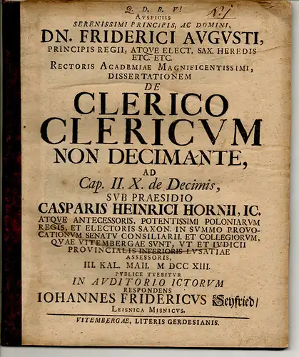 Seyfried, Johann Friedrich: aus Leisnig: Juristische Dissertation. De clerico clericum non decimante ad cap. II. X. de decimis. 