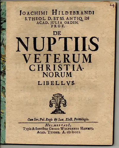 Hildebrand, Joachim: De nuptiis veterum Christianorum libellus. 
