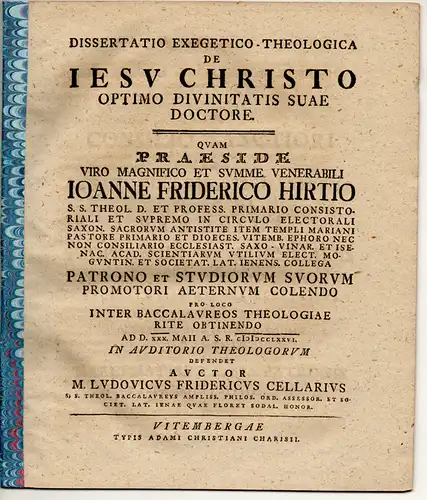 Cellarius, Ludwig Friedrich: Theologische Dissertation. De Iesu Christo optimo divinitatis suae doctore. 