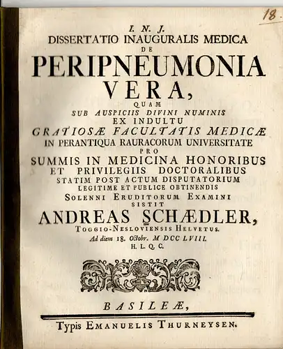 Schädler, Andreas: Medizinische Inaugural-Dissertation. De peripneumonia vera. 