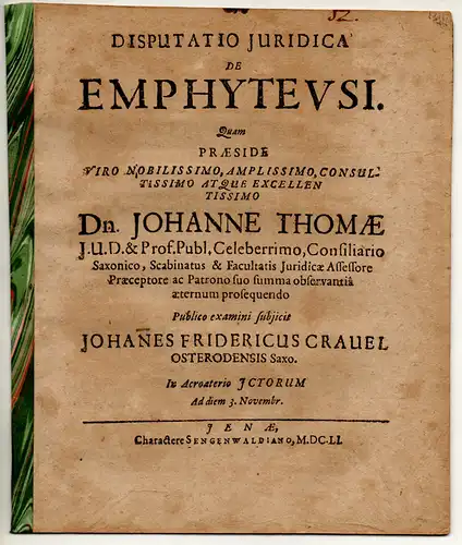 Crauel, Johann Friedrich: aus Osterode: Juristische Disputation. De emphyteusi. 