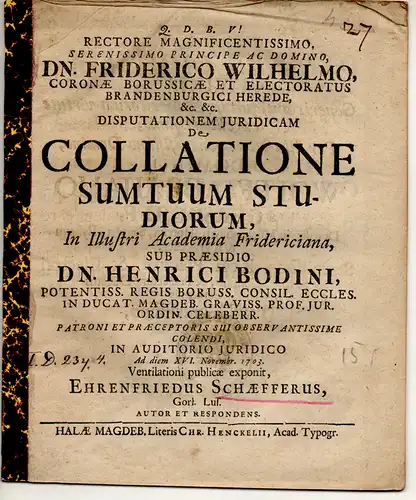 Schaeffer, Ehrenfried: aus Görlitz: Juristische Dissertation. De collatione sumtuum studiorum. 