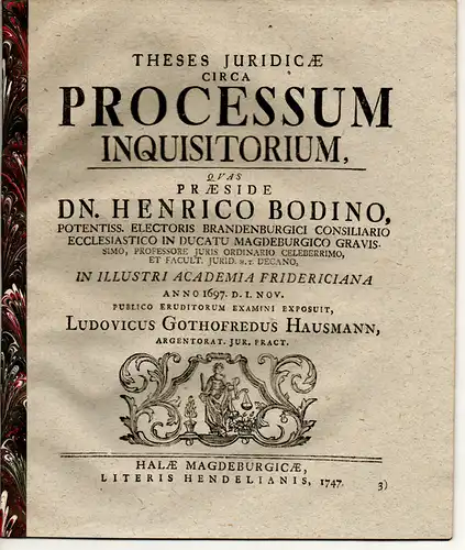 Hausmann, Ludwig Gottfried: aus Straßburg: Theses iuridicae circa processum inquisitorium. 