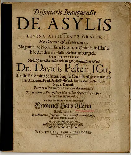 Gloxin, Friedrich Hans: aus Schleswig: Juristische Inaugural-Disputation. De Asylis. 