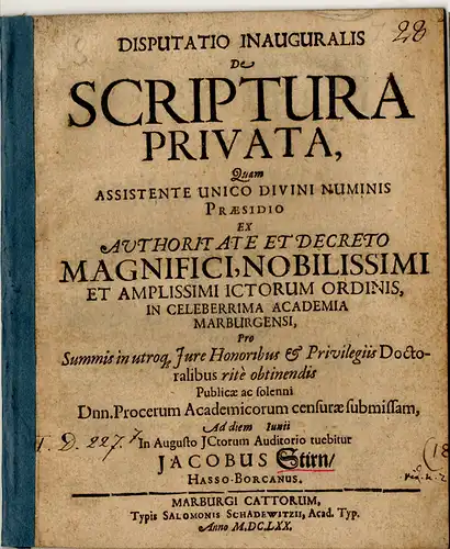 Stirn, Jakob: Juristische Inaugural-Disputation. De scriptura privata. 