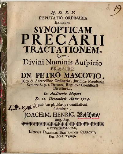 Volschow, Joachim Heinrich: aus Bergen (Rügen): Disputatio ordinaria exhibens synpoticam precarii tractationem. 