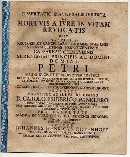 Detenhoff, Johann Heinrich: Juristische Inaugural-Dissertation. De mortuis jure in vitam revocatis. 