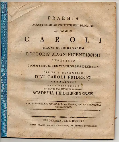 (Schwarz, Friedrich Heinrich Christian): Commentatio De Rabano Mauro, Primo Germaniae Praeceptore. Universitätsprogramm. 