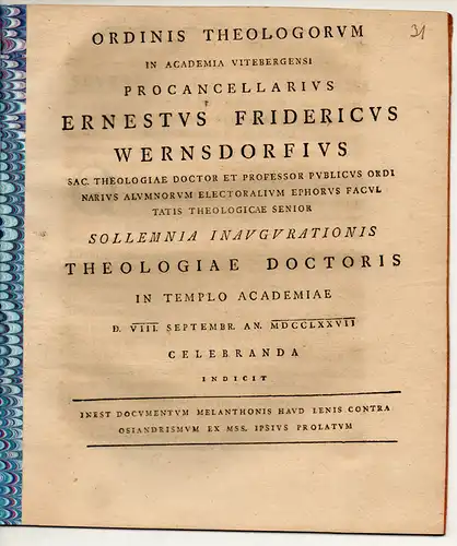 Wernsdorf, Ernst Friedrich: Documentum Melanthonis haud lenis contra Osiandrismum ex MSS. ipsius prolatum. Universitätsprogramm. 