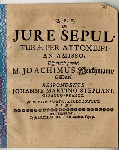 Stephani, Johann Martin: Juristische Disputation. De iure sepulturae per autocheirian amisso. 