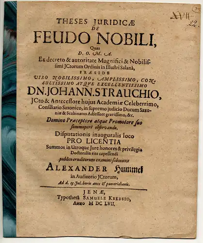 Hummel, Alexander: Juristische Thesen. De feudo nobili. 