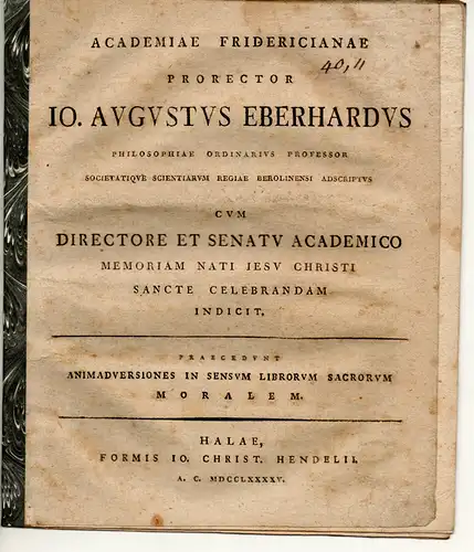 (Nösselt, Johann August): Animadversiones in sensum librorum sacrorum moralem. Universitätsprogramm. 