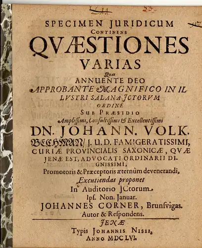 Corner, Johann: aus Braunschweig: Specimen iuridicum continens quaestiones varias. 
