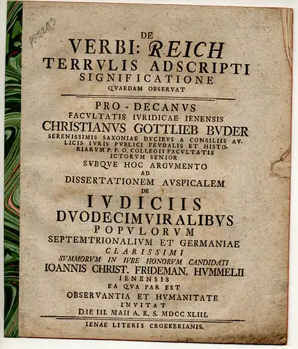 Buder, Christian Gottlieb: De verbi: Reich terrulis adscripti significatione. Promotionsankündigung von Johann Christoph Friedemann Hummel aus Jena. 