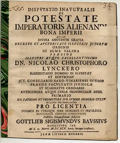 Bausse, Gottlieb Sigismund: aus Magdeburg: Juristische Inaugural-Disputation. De potestate imperatoris alienandi bona imperii. 