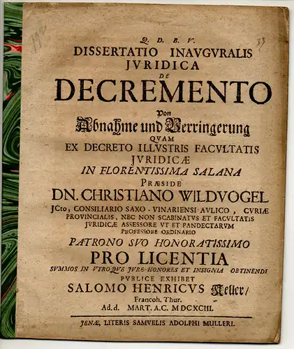 Keller, Salomo Heinrich: aus Frankenhausen: Juristische Inaugural-Dissertation. De decremento, Von Abnahme und Verringerung. 