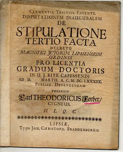 Ferber, Carl Theodor: aus Zeitz: Juristische Inaugural-Disputation.  De stipulatione tertio facta. 