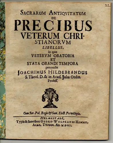Hildebrand, Joachim: Sacrarum Antiquitatum De Precibus Veterum Christianorum. 