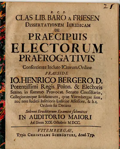Friesen, Clas von: Juristische Dissertation. De praecipuis electorum praerogativis. 
