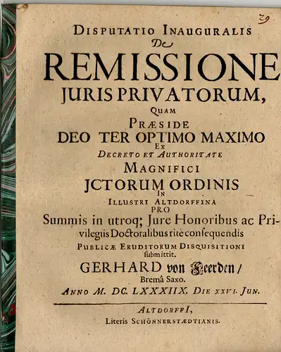 Feerden, Gerhard von: Bremen: Juristische Inaugural-Disputation. De remissione iuris privatorum. 