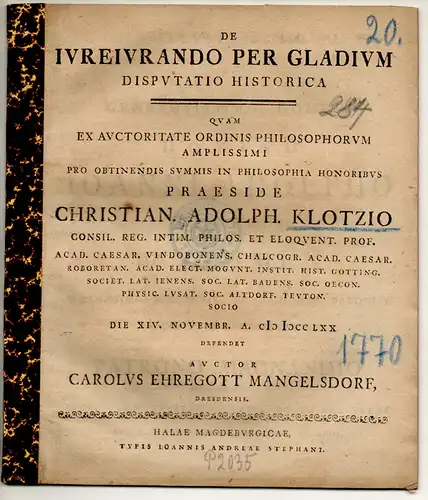 Mangelsdorf, Karl Ehregott: aus Dresden: De iureiurando per gladium. Disputatio historica. 