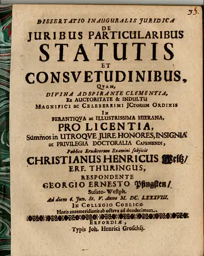 Pfingsten, Georg Ernst: aus Soest: Juristische Inaugural-Dissertation. De iuribus particularibus statutis et consuetudinibus. 