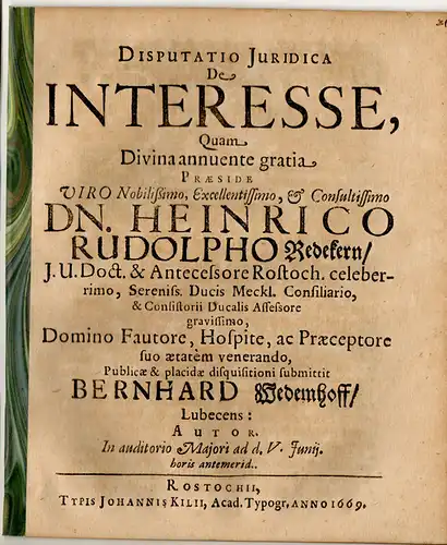 Wedemhoff, Bernhard: aus Lübeck: Juristische Disputation. De interesse. 