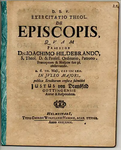 Dransfeld, Justus von: aus Göttingen: Theologische Exercitatio. De episcopis. 