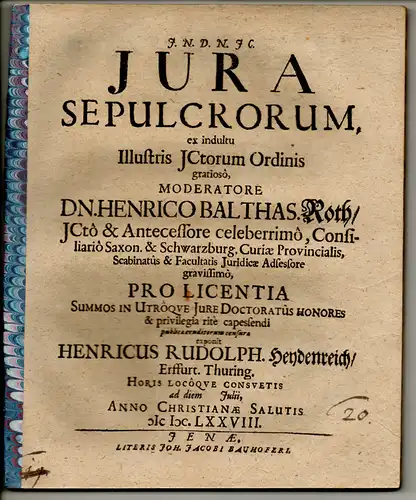 Heydenreich, Heinrich Rudolph: aus Erfurt: Juristische Disputation. Iura sepulcrorum. 