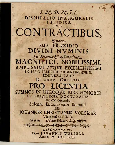 Volcmar, Johann Christian: Juristische Inaugural-Disputation. De contractibus. 