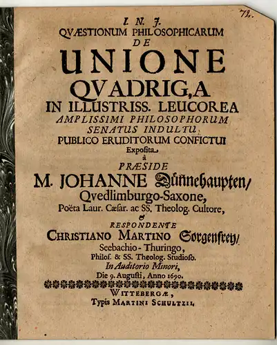 Sorgenfrey, Christian Martin: aus Seebach: Quaestionum Philosophicarum De Unione Quadrig,a [Quadriga]. 