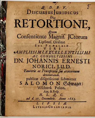 Schwager, Salomon: Discursus iuridicus de retortione. 