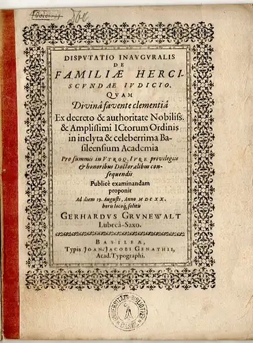 Grunewalt, Gerhard: aus Lübeck: Juristische Inaugural-Disputation. De familiae herciscundae iudicio. 