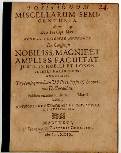 Merckelbach, Gottfried: aus Soest: Positionum miscellanearum iuridicarum semicenturia. 