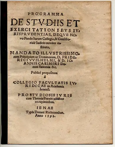 Programma de studiis et exercitationibus iurisprudentiae, deque novo Pandectarum collegio et consistoriali iudicio noviter instituto. 