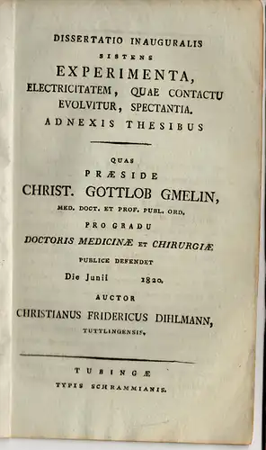 Dihlmann, Christian Friedrich: aus Tuttlingen: Experimenta, Electricitatem, quae Contactu Evolvitur, Spectantia : Adnexis Thesibus. Dissertation. 
