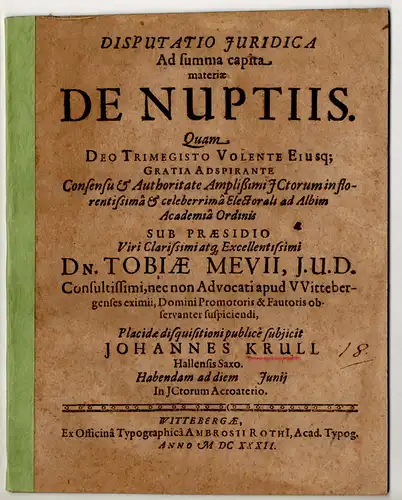 Krull, Johann: aus Halle: Juristische Disputation. De nuptiis. 