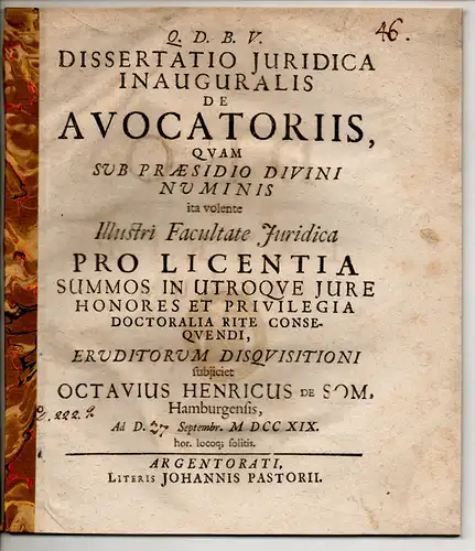 Som, Octavius Heinrich von: aus Hamburg: Juristische Inaugural-Dissertation. De avocatoriis. 