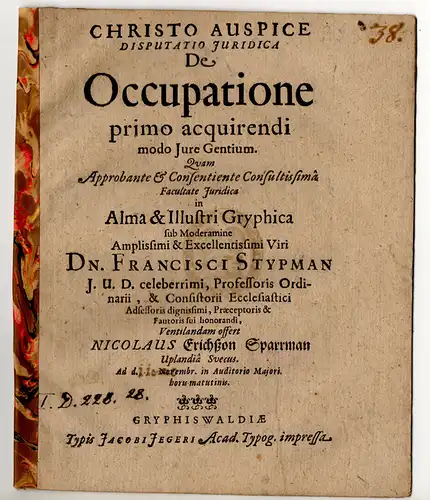 Sparrman, Nicolaus Erichson: aus Upland: Juristische Disputation. De occupatione primo acquirendi modo iure gentium. 