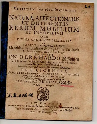 Scheffer, Sebastian Reinhard: Juristische Inaugural-Dissertation. De natura, affectionibus et differentiis rerum mobilium et immobilium. 