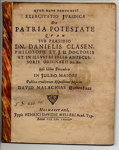 Siebenhaar, David Malachias: Juristische Disputation. De patria potestate. 