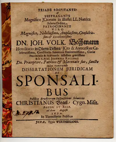 Vogel, Christian: aus Zwickau: Juristische Dissertation. De sponsalibus. 