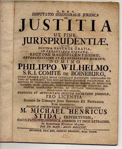 Stida, Michael Heinrich: aus Erfurt: Juristische Inaugural-Disputation. De iustitia ut fine iurisprudentiae. 