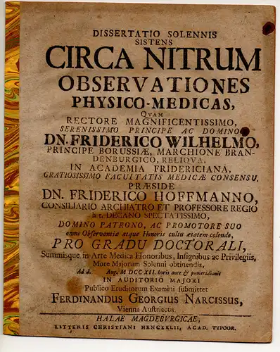 Narcissus, Ferdinand Georg: aus Wien: Dissertatio Solennis Sistens Circa Nitrum Observationes Physico-Medicas. 